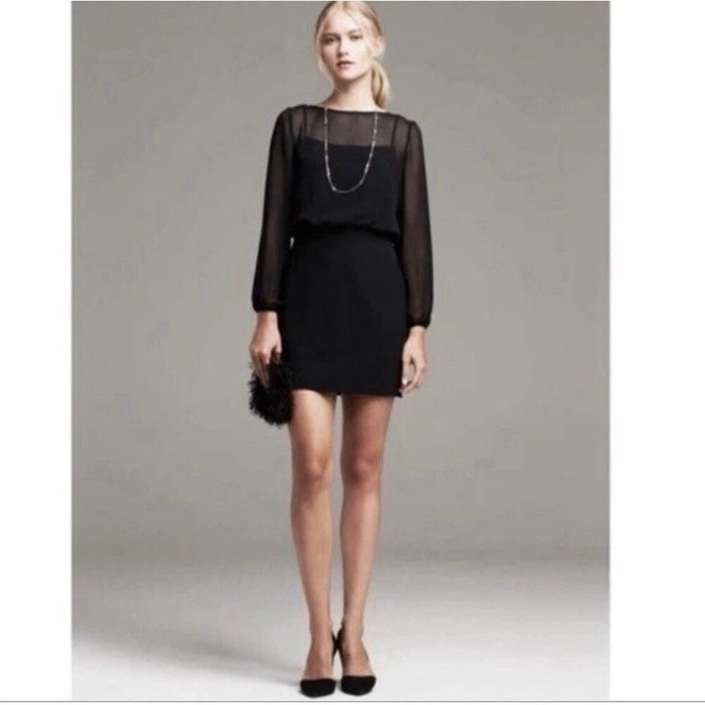 BANANA REPUBLIC Black Sheer Illusion Yoke Long Sleeve LBD Cocktail Mini Dress 8